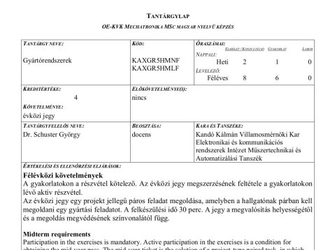 Mechatronikai MSc tantárgyprogramok
