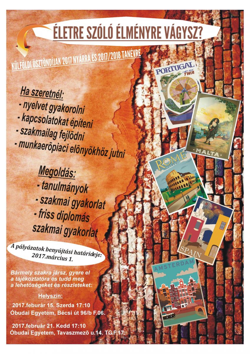 2017 február 15. és február 17. Erasmus+ ösztöndíj tájékoztató